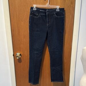 Women's Dark Blue Jeans, straight leg.  Belt loops were cut off.